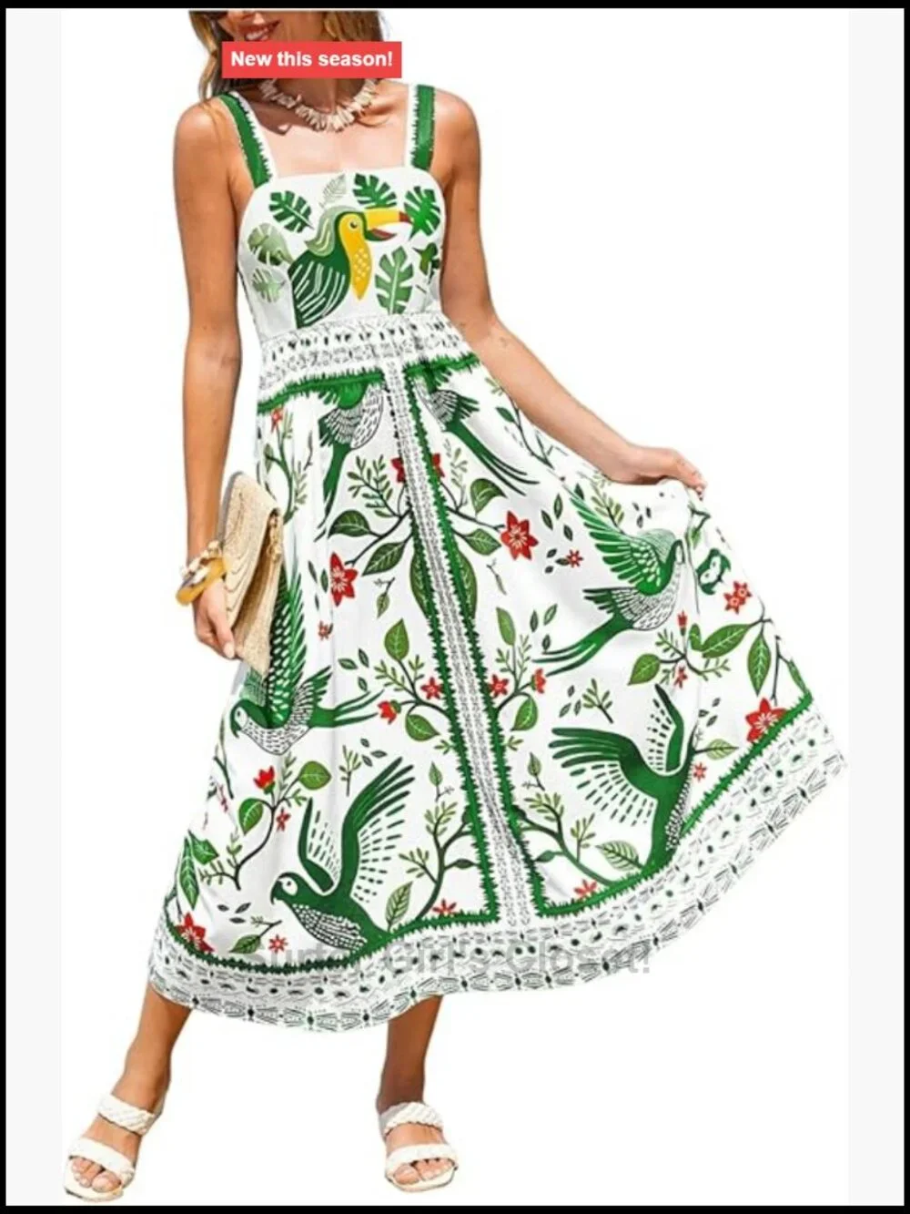 Sleeveless Square Neck Tropical Maxi Dress with Elastic Waist - A-Line Flowy